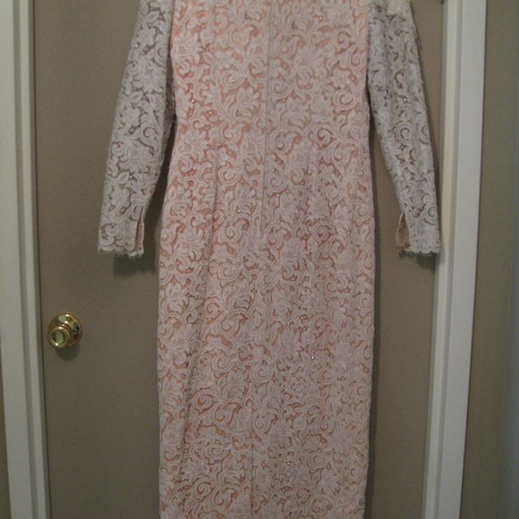 Michael Casey Ivory/Blush Alencon Lace Column Sheath Gown Long Dress Bridal Sz 6 - Picture 4 of 16